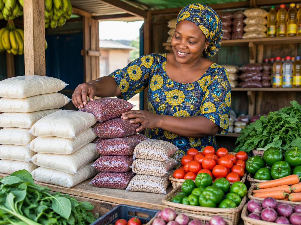Woman trader arranging rice, beans and vegetables at her stall