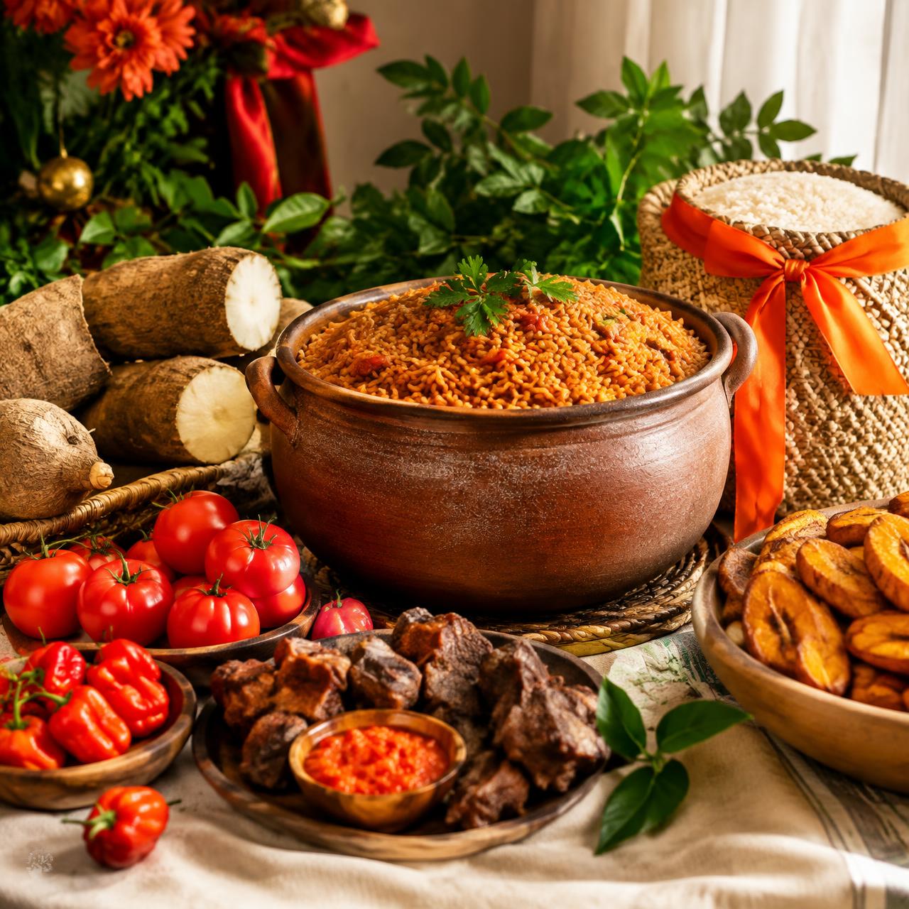 Nigerian Christmas food spread with jollof rice, yams, peppers and a ribboned rice sack