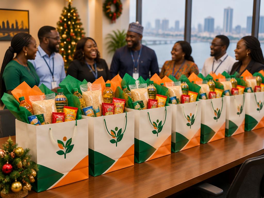 Branded staff Christmas food packs in a Lagos office